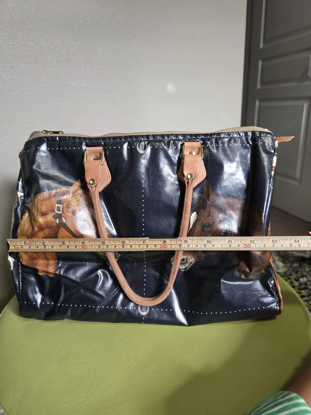 Vintage Equestrian Horse Print Hand Bag Navy Coated Vachetta Leather Handles